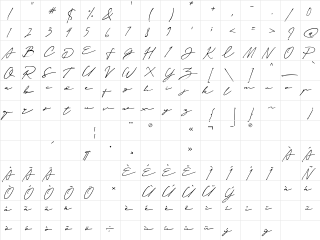 Janetta Silloam Regular  glyph index