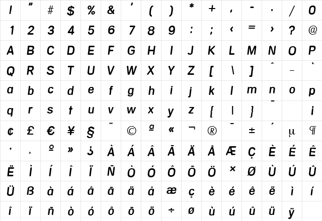 MercedesSerial Italic  glyph index