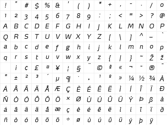 MaxDemiSerif-LightItalic Regular  glyph index