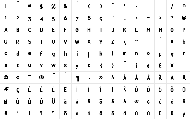 Dubius Bold  glyph index