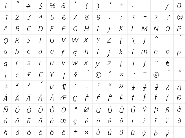 PreciousSansBookItalic Regular  glyph index