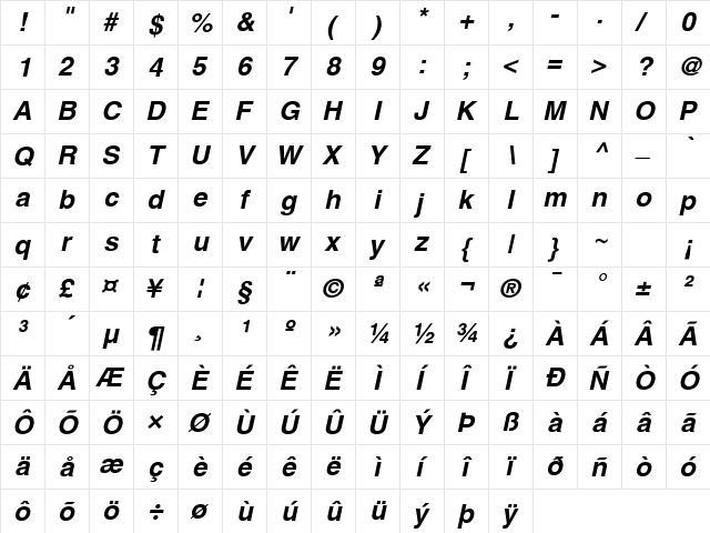 Sans BOLDITALIC  glyph index