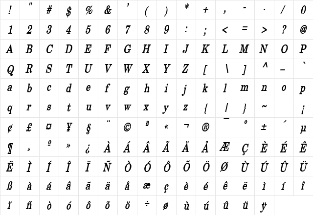 New Boston Thin Bold Italic  glyph index