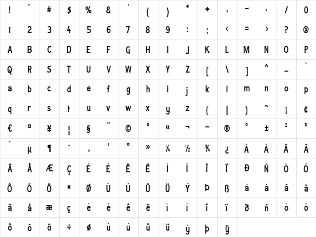 Lady Copra Narrow Regular  glyph index