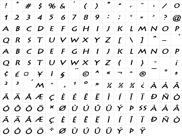 Liste Wide BoldItalic  glyph index