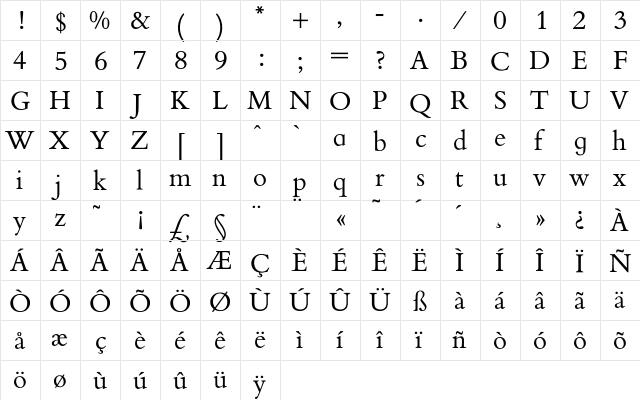 BootsBemboRoman Regular  glyph index