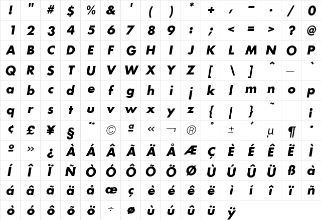 Futura ICG BoldOblique  glyph index