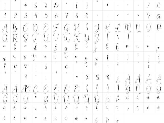 Joseph Olivia Regular  glyph index