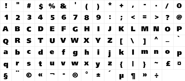 FreeSetBlackC Regular  glyph index