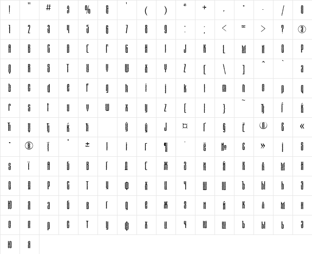 MatterhornCTT Regular  glyph index