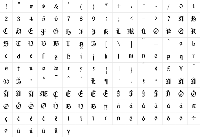 Cimbrian Regular  glyph index