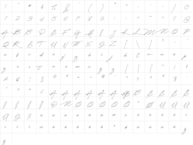 Mightam Brush Regular  glyph index