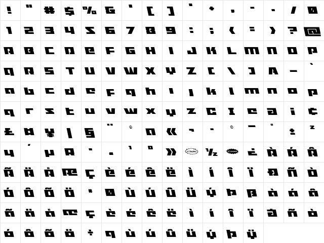 Turbo Charge Leftalic Italic  glyph index