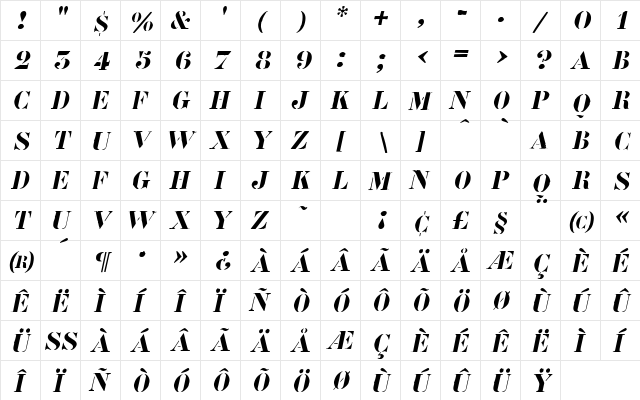 Roadcase Oblique  glyph index