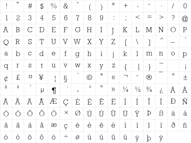 Rockwell MT Light Regular  glyph index