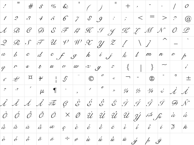 Snell BT2 Regular  glyph index