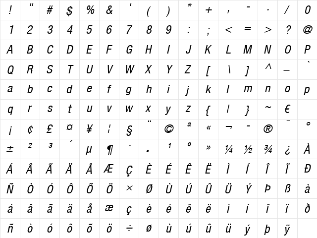 HelveticaNeue LT 57 Cn Oblique  glyph index