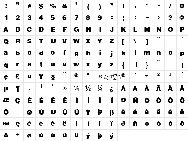 Arena Black Regular  glyph index