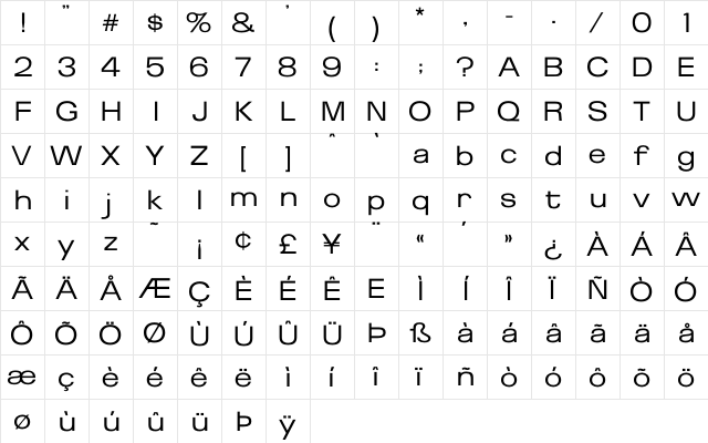 Brazilia Regular  glyph index