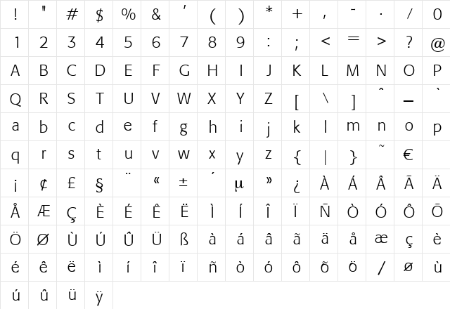 Cartoon Regular  glyph index