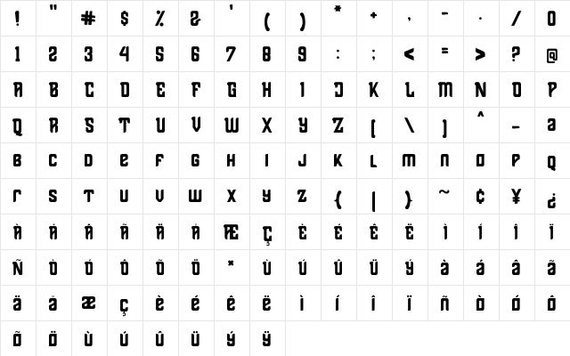 Thenacious Regular  glyph index