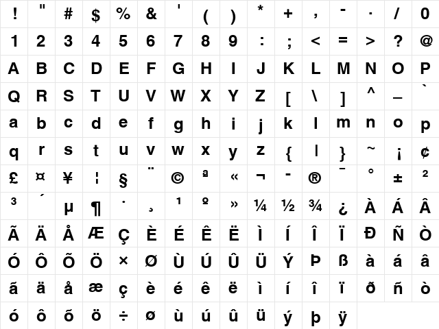 Helonia Bold  glyph index