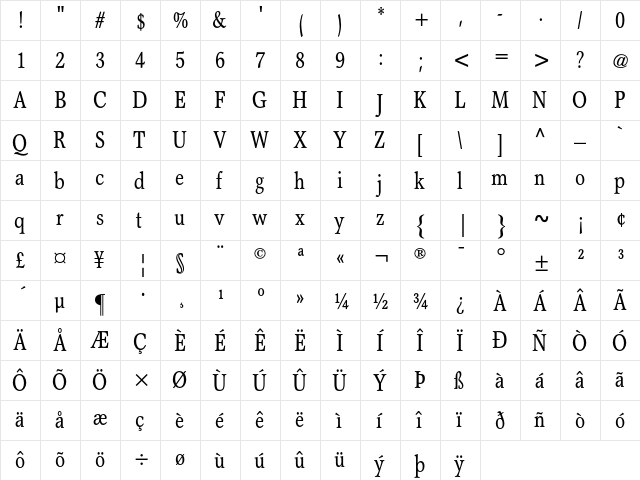 Garth Graphic Condensed  glyph index