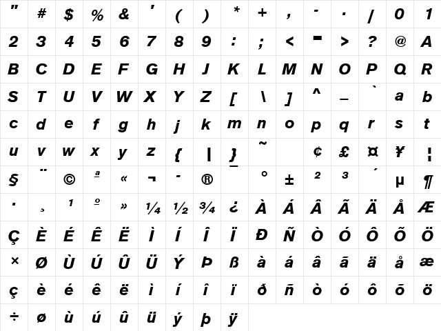 URWAccidaliaT Bold Italic  glyph index