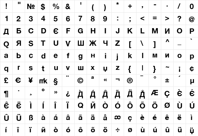 KyrillaSansSerif Bold  glyph index
