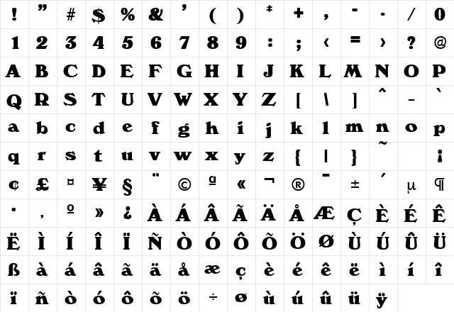 Verona-Serial-Heavy Heavy  glyph index