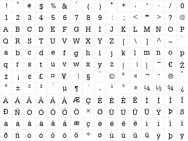 Glypha LT Regular  glyph index
