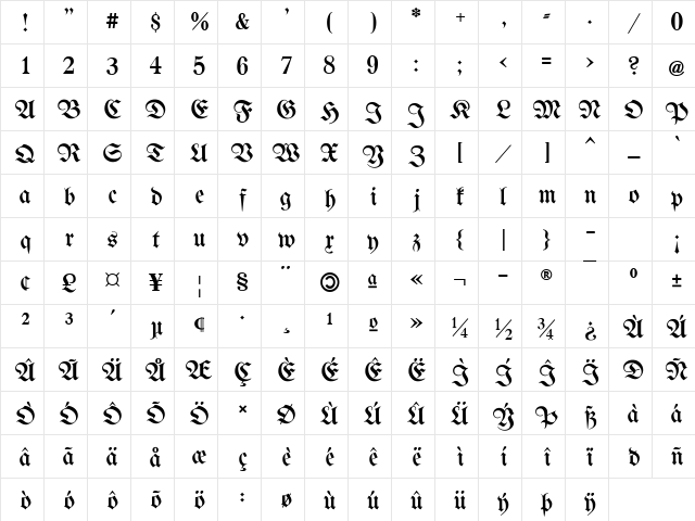 Berthold  Mainzer Fraktur UNZ1A Italic  glyph index