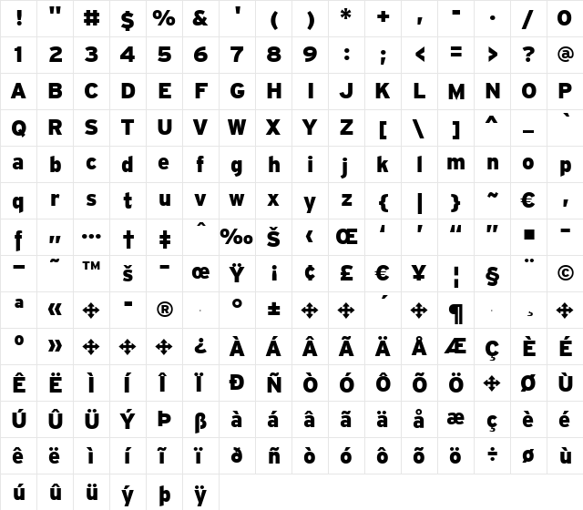 Home Bold  glyph index