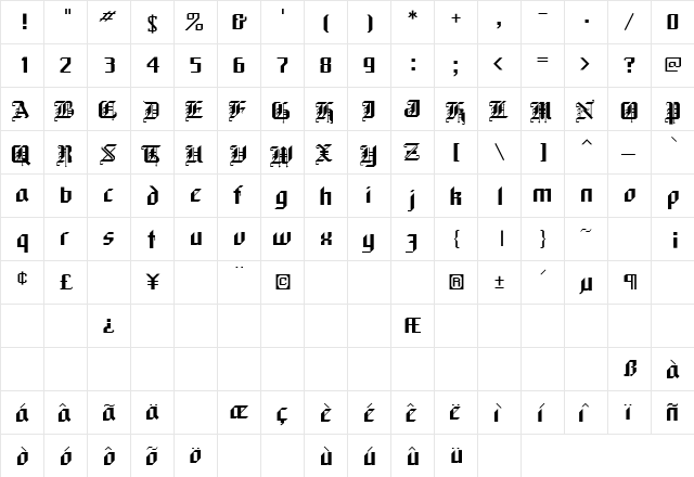 Black Forest Regular  glyph index