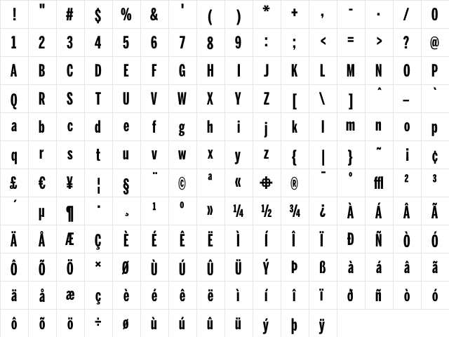 BentonSans UltraCondensed Bold  glyph index