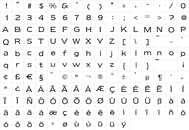 Nebraska Regular  glyph index