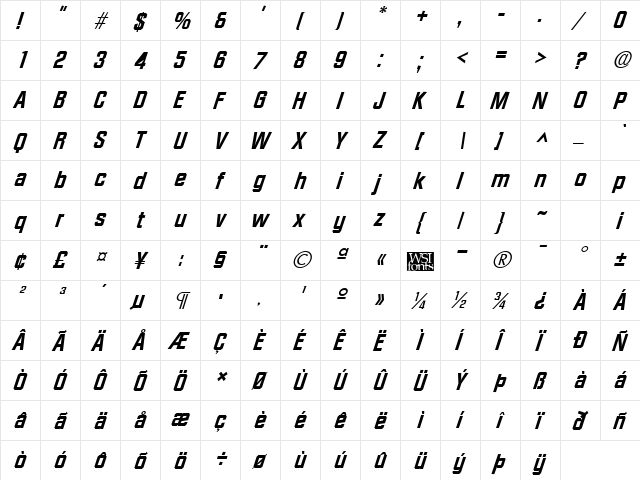 FacetExtrabold-Xitalic Regular  glyph index