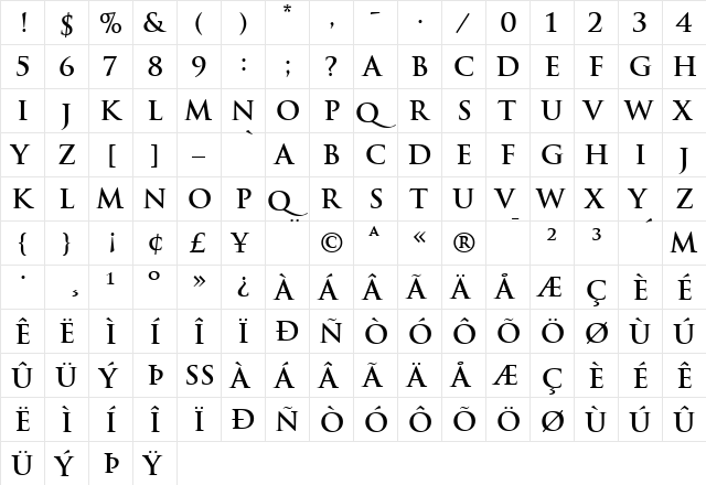 Trajan Bold  glyph index