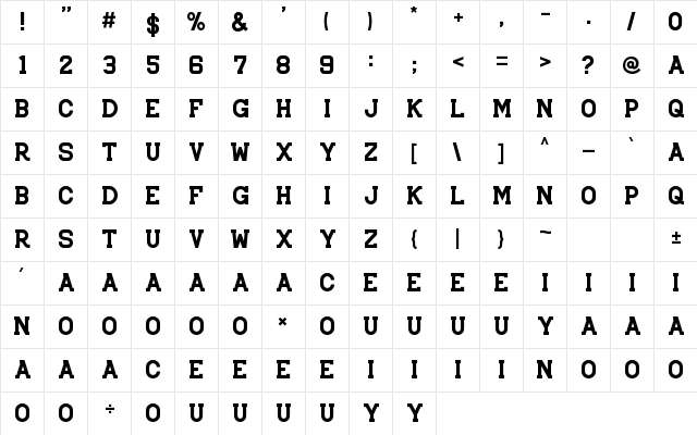 Brader John Regular  glyph index