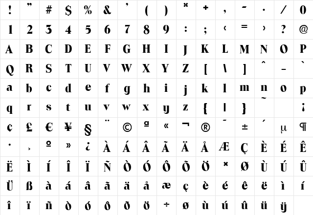 ToledoSerial-Xbold Regular  glyph index