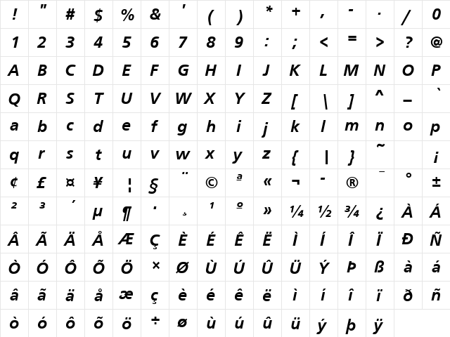 FrontPage Bold Italic  glyph index