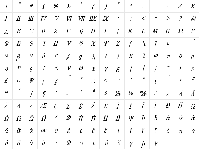 Achilles Condensed Italic Condensed Italic  glyph index