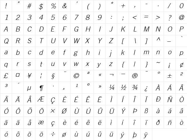TradeGothic-Light LightItalic  glyph index