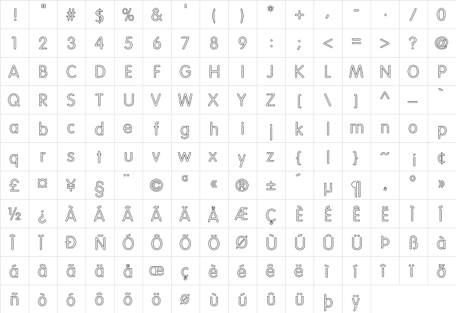 VAGRounded-Light Hollow Regular  glyph index