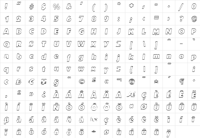 VictorBeckerOutline-Heavy Italic  glyph index