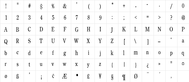 CenturyOldStyle-Light Condensed Regular  glyph index