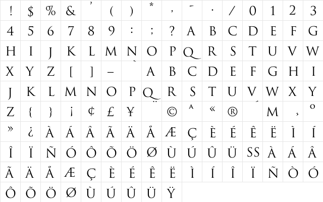 Trajax Regular  glyph index