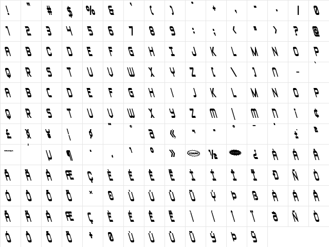 Blizzard Shaft Bold Leftalic Regular  glyph index