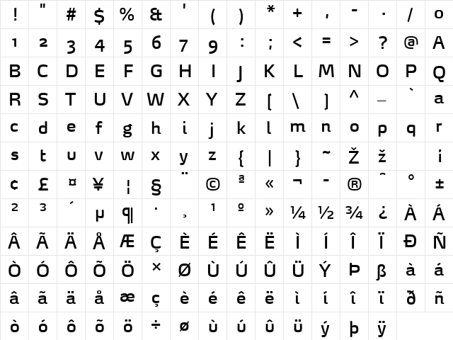 MaxDemiSerif-Book Regular  glyph index