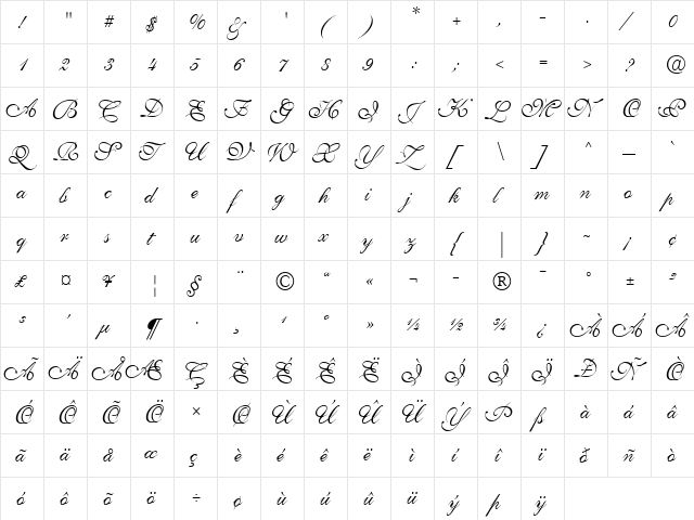 Shelley LT VolanteScript Regular  glyph index